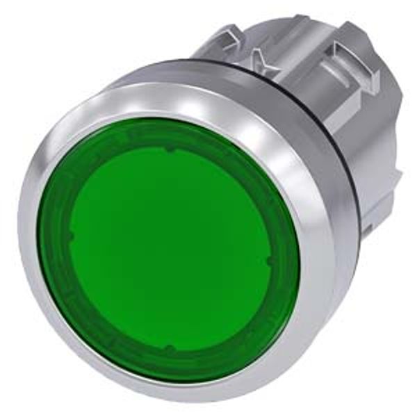 Illuminated pushbutton, 22 mm, round, metal, shiny, green, pushbutton, flat, ... image 1