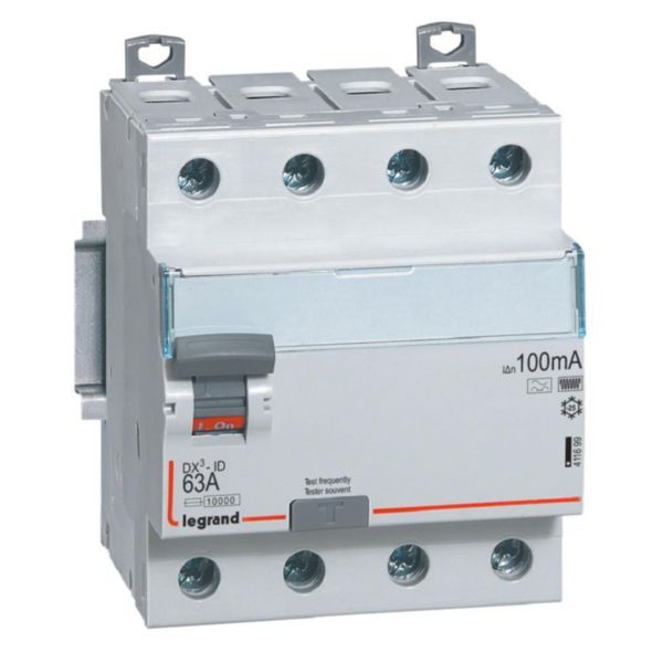 DX³-ID high inlet and low outlet screw differential switch - 4P 400V~ 63A type F 100mA - 4 modules image 1