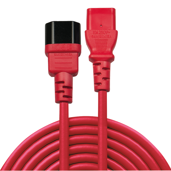 1m C14 to C13 Mains Extension Cable, red IEC C14 Connector to IEC C13 Connector image 2