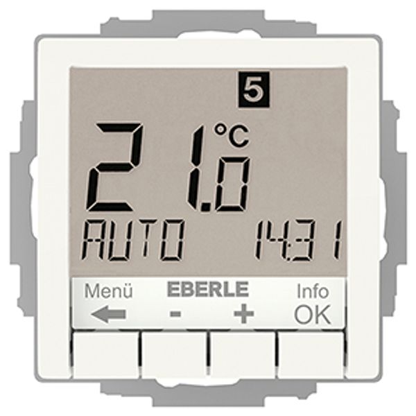 Clock thermostat as a room controller, RAL9010 glossy 55x55, AC 230V, 1 changeover contact, heating 5(2) A, cooling 1(1) A, white backlighting image 2