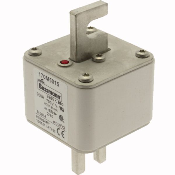 Fuse-link, high speed, 900 A, AC 690 V, DIN 2, 61 x 61 x 108 mm, aR, DIN, IEC, single indicator, 80 mm centres image 2