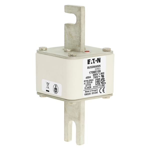 Fuse-link, high speed, 450 A, AC 690 V, DIN 2, 61 x 61 x 108 mm, aR, DIN, IEC, single indicator, 110 mm centres image 8