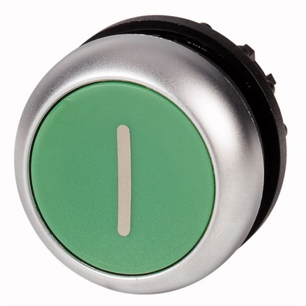 Pushbutton, RMQ-Titan, Flat, momentary, green, inscribed, Bezel: titanium image 1