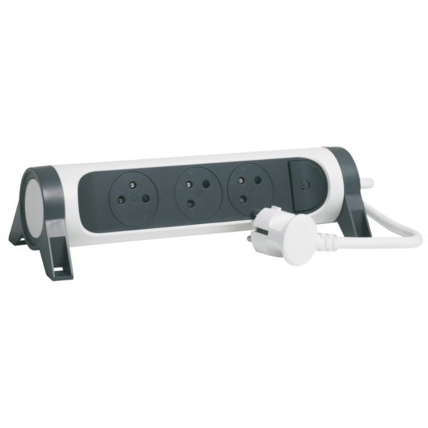 Multiple socket extension with rotating block of 3 2P+E Surface sockets, switch and cord length 1.5m - white and dark gray image 2