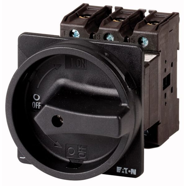 Main switch, P3, 100 A, rear mounting, 3 pole + N, 1 N/O, 1 N/C, STOP function, With black rotary handle and locking ring, Lockable in the 0 (Off) pos image 1