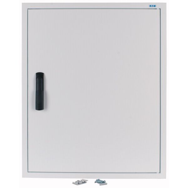 Flush-mounting trim ring with sheet steel door and locking rotary lever for 3-component system, W = 600 mm, H = 760 mm, white image 1