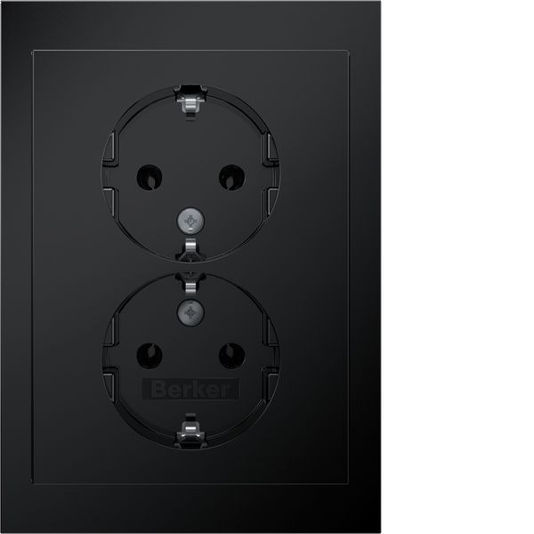 Double socket SCHUKO with Coverplate high, R.3 black gl image 1