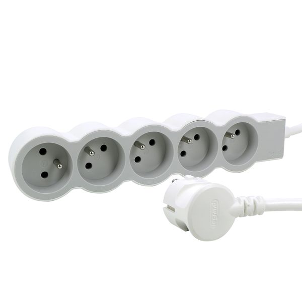 Extra-flat power strip extension equipped with 5 2P+E 16A 3680W sockets with 1.5m cord length - white and light gray image 1