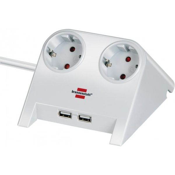 Desktop-Power USB-Charger with 2x USB-2.0 charger 2100mA 2-way socket, white polished 1.8m H05VV-F 3G1.5 image 1