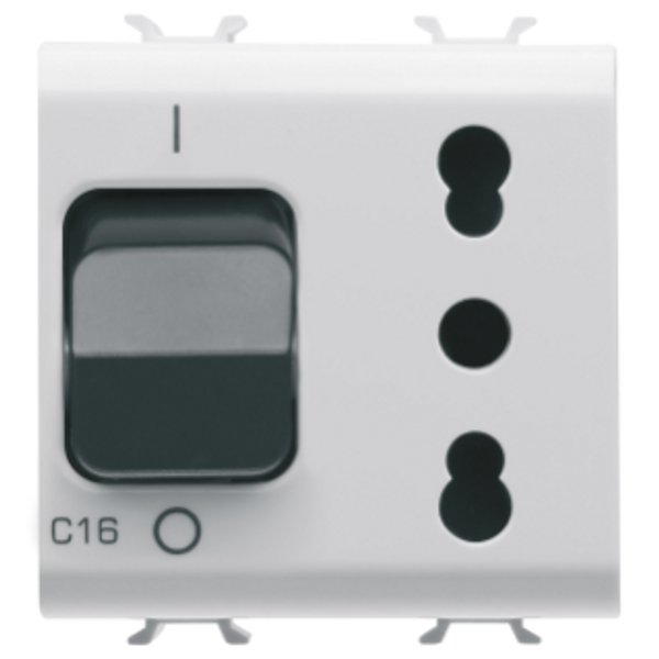 INTERLOCKED SWITCHED SOCKET-OUTLET - 2P+E 16A P17/P11 - WITH MINIATURE CIRCUIT BREAKER 1P+N 16A - 230V ac - 2 MODULES - GLOSSY WHITE - CHORUSMART. image 1