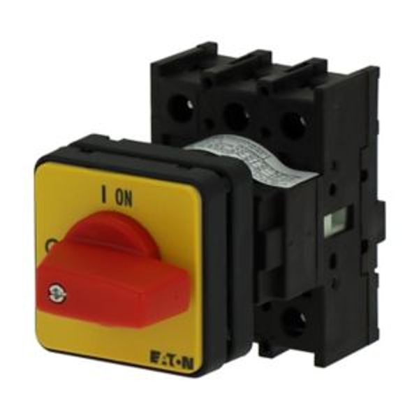 On-Off switch, P1, 40 A, center mounting, 3 pole, Emergency switching off function, with red thumb grip and yellow front plate image 1