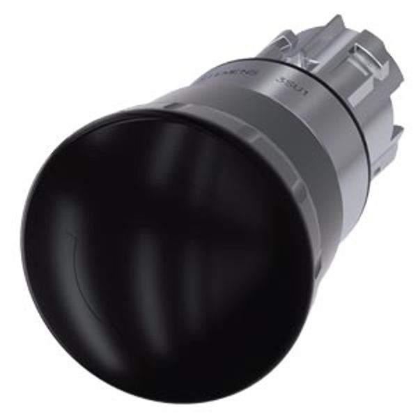 Mushroom pushbutton, 22 mm, round, metal, shiny, black, 40 mm, positive latching, acc. to EN ISO 13850, rotate-to-unlatch, with laser labeling, lower case image 1