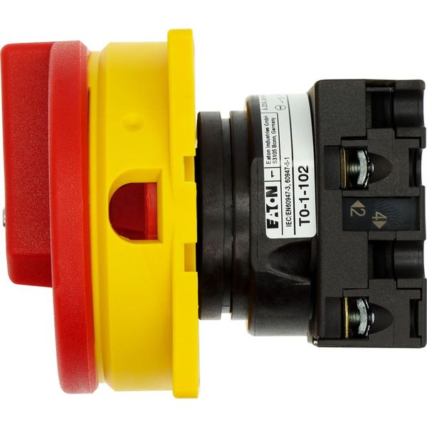 Main switch, T0, 20 A, flush mounting, 1 contact unit(s), 2 pole, Emergency switching off function, With red rotary handle and yellow locking ring image 31