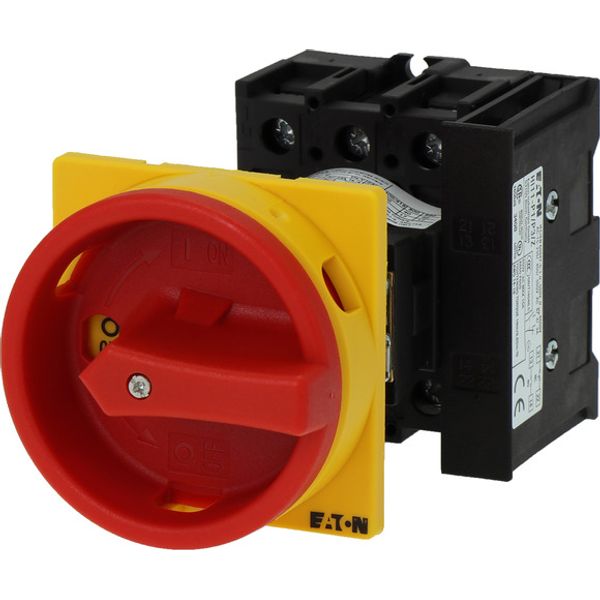 Main switch, P1, 40 A, rear mounting, 3 pole, 1 N/O, 1 N/C, Emergency switching off function, With red rotary handle and yellow locking ring, Lockable image 1