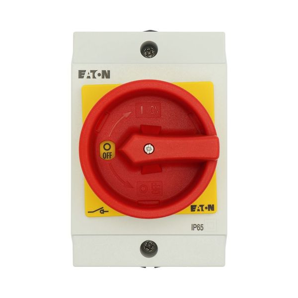 Main switch, T0, 20 A, surface mounting, 2 contact unit(s), 4 pole, Emergency switching off function, With red rotary handle and yellow locking ring image 42