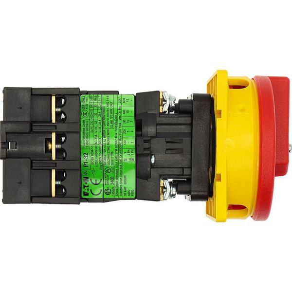 Main switch, P1, 32 A, rear mounting, 3 pole, Emergency switching off function, With red rotary handle and yellow locking ring, Lockable in the 0 (Off image 15