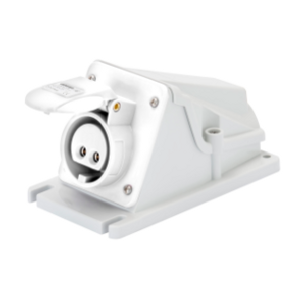 90° ANGLED SURFACE-MOUNTING SOCKET-OUTLET - IP44 - 2P 32A 20-25V and 40-50V d.c. - WHITE - 10H - SCREW WIRING image 1