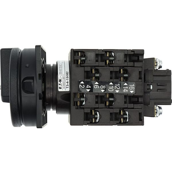 Main switch, T3, 32 A, flush mounting, 4 contact unit(s), 6 pole, 1 N/O, 1 N/C, STOP function, With black rotary handle and locking ring, Lockable in image 15