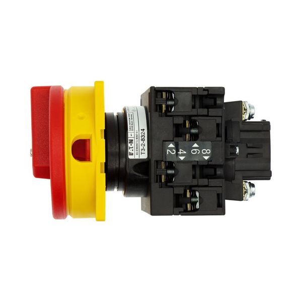 Main switch, T3, 32 A, flush mounting, 2 contact unit(s), 4 pole, Emergency switching off function, With red rotary handle and yellow locking ring image 18