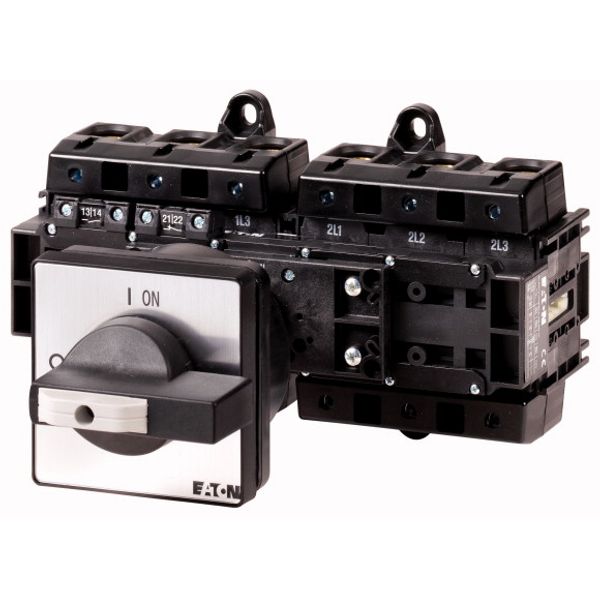 Main switch, T6, 160 A, rear mounting, 6 contact unit(s), 6 pole, 1 N/O, 1 N/C, STOP function, With black rotary handle and locking ring, Lockable in image 1