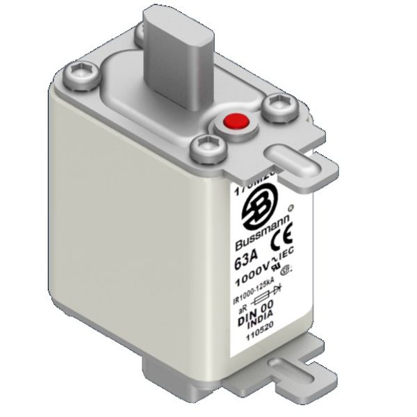 Fuse-link, high speed, 63 A, AC 1000 V, DIN 00, aR, DIN, IEC, single indicator, live gripping lugs image 3