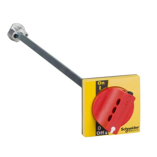extended rotary handle for front control, Compact INS40 to INS60, IP55, IK08, red handle on yellow front image 2