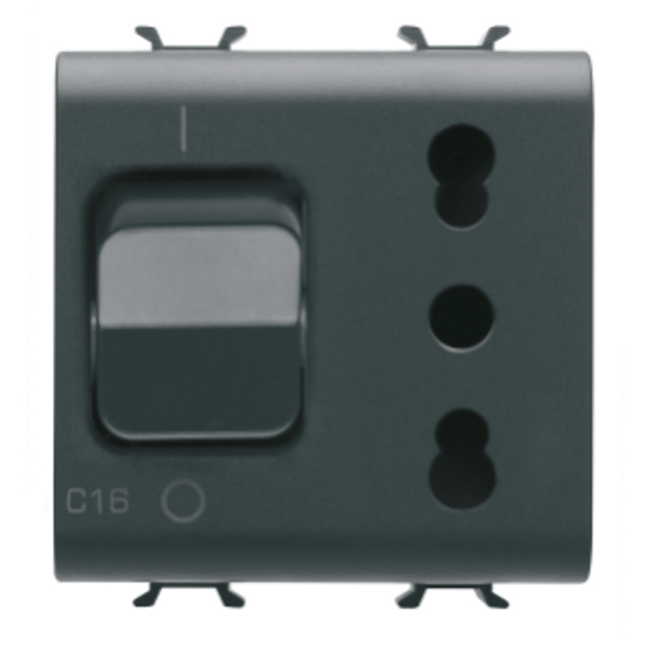 INTERLOCKED SWITCHED SOCKET-OUTLET - 2P+E 16A P17/P11 - WITH MINIATURE CIRCUIT BREAKER 1P+N 16A - 230V ac - 2 MODULES - SATIN BLACK - CHORUSMART. image 1