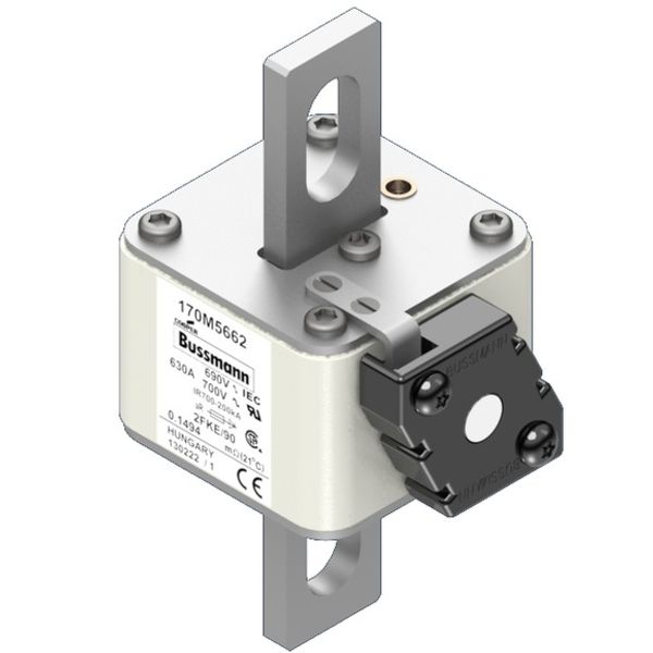 Fuse-link, high speed, 630 A, AC 690 V, size 2, 61 x 77 x 135 mm, aR, IEC, UL, type K indicator, 90 mm centres image 2