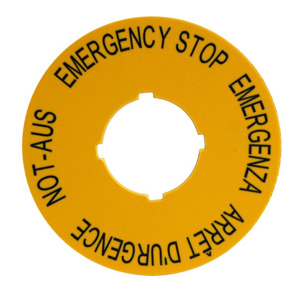 Emergency Stop label, 90mm dia, 4 languages image 1