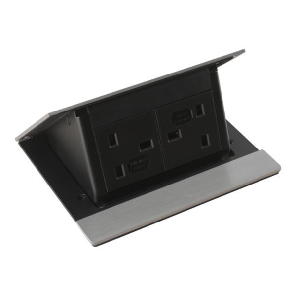 Incara Pop Up In-Desk Module Brushed Aluminium with 2 x BS Sockets, 0.5m Cord and GST Connector image 1