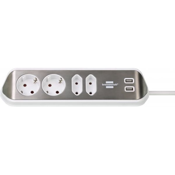brennenstuhl®estilo Corner Extension Lead 4-way (Extension Cord with Stainless Steel Surface for Desk/Kitchen/Office, with 2x Earthed Sockets, 2x Euro image 1
