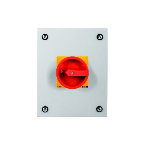 Main switch, P3, 100 A, surface mounting, 3 pole, 1 N/O, 1 N/C, Emergency switching off function, With red rotary handle and yellow locking ring, Lock image 1