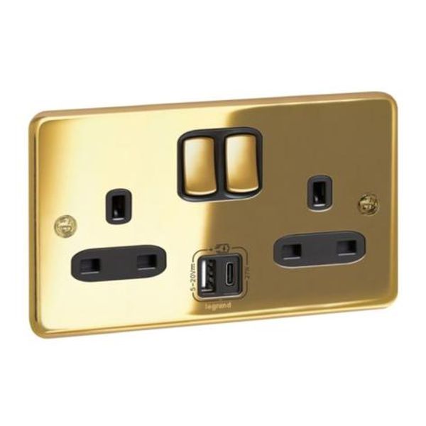 832779 Synergy™ Sleek - Design 2 gang single pole switched outlets - with USB A+C 27W charger image 1