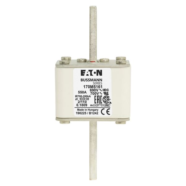 Fuse-link, high speed, 550 A, AC 690 V, DIN 2, 61 x 61 x 108 mm, aR, DIN, IEC, single indicator, 110 mm centres image 14