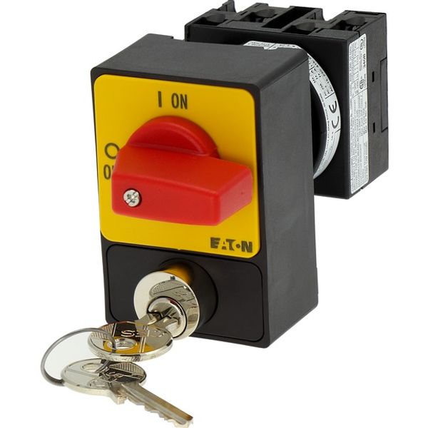 Panic switches, T0, 20 A, flush mounting, 3 pole, with red thumb grip and yellow front plate, Cylinder lock SVA image 4