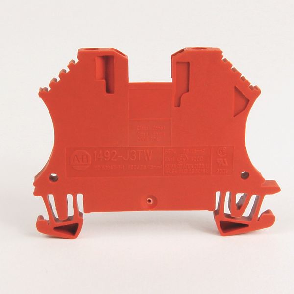 Terminal Block, 10 Amp, 300 Volt AC/DC, Red, 2.5 mm, Specialty Feed Through, 3 Connection Points, 2 On 1 Side image 1
