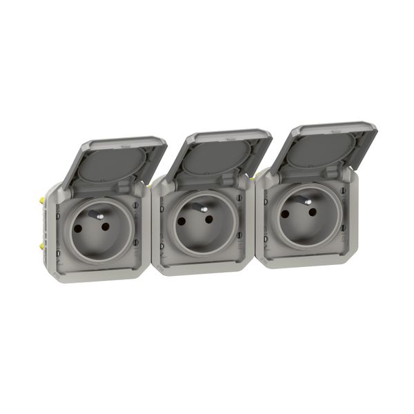 Triple pre-wired power socket 3x2P+E horizontal waterproof Plexo 16A 250V IP55 3 positions with gray bezels image 1