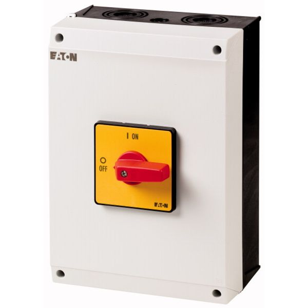 On-Off switch, P3, 100 A, surface mounting, 3 pole, Emergency switching off function, with red thumb grip and yellow front plate image 1