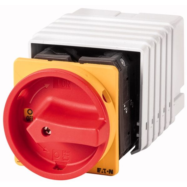 Main switch, T5B, 63 A, flush mounting, 6 contact unit(s), 12-pole, Emergency switching off function, With red rotary handle and yellow locking ring image 1