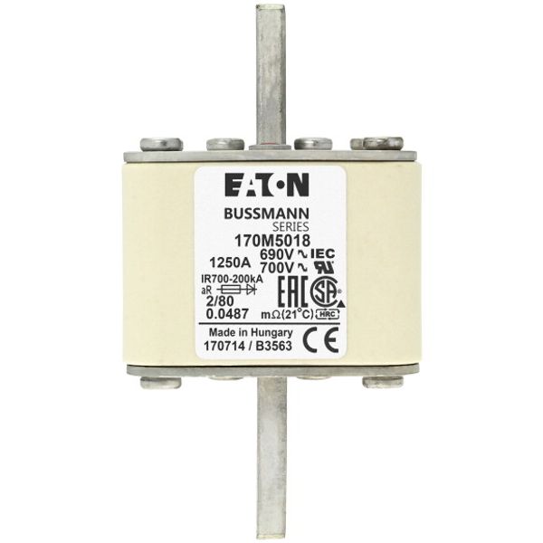 Fuse-link, high speed, 1250 A, AC 600 V, DIN 2, 61 x 61 x 108 mm, aR, DIN, IEC, single indicator, 80 mm centres image 1