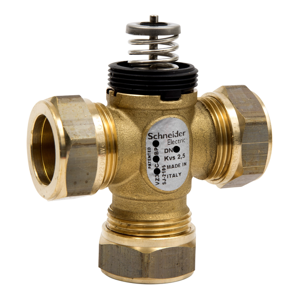 VZ308C Zone Valve, 3-Way, PN16, DN15, 15 mm O/D Compression, Kvs 1.0 m³/h, M30 Actuator Connection, 2.5 mm Stroke, Stem Up Closed image 1