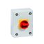 Main switch, T0, 20 A, surface mounting, 2 contact unit(s), 3 pole, 1 N/O, Emergency switching off function, With red rotary handle and yellow locking thumbnail 4