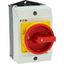 Main switch, T0, 20 A, surface mounting, 3 contact unit(s), 3 pole, 2 N/O, 1 N/C, Emergency switching off function, With red rotary handle and yellow thumbnail 28